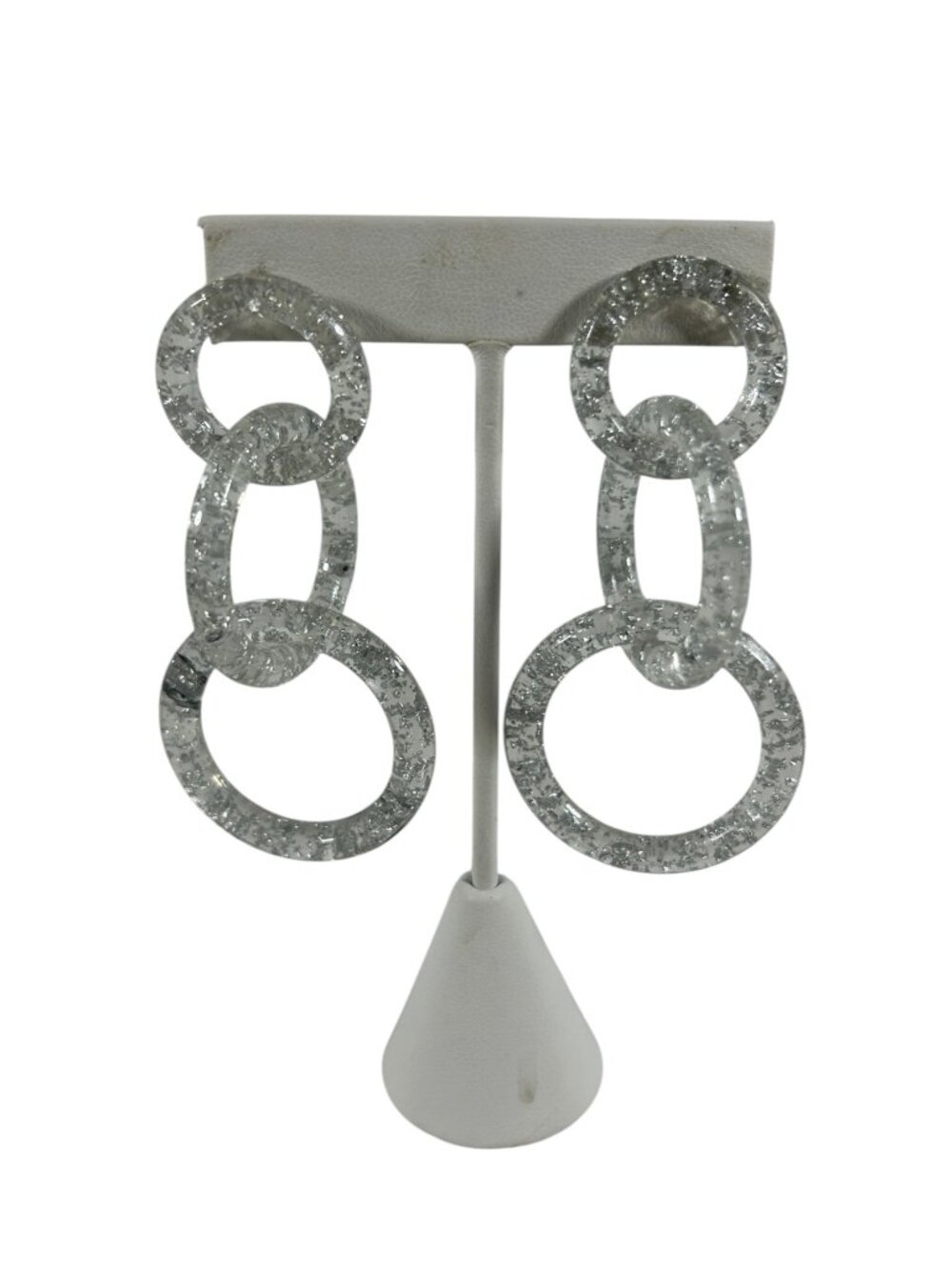 Clear Crackle Plastic Triple Circle Dangle Earrings Statement Retro Mod Boho